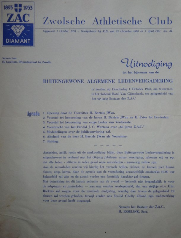 1953 Uitnodiging voor de buitengewone algemene ledenvergadering