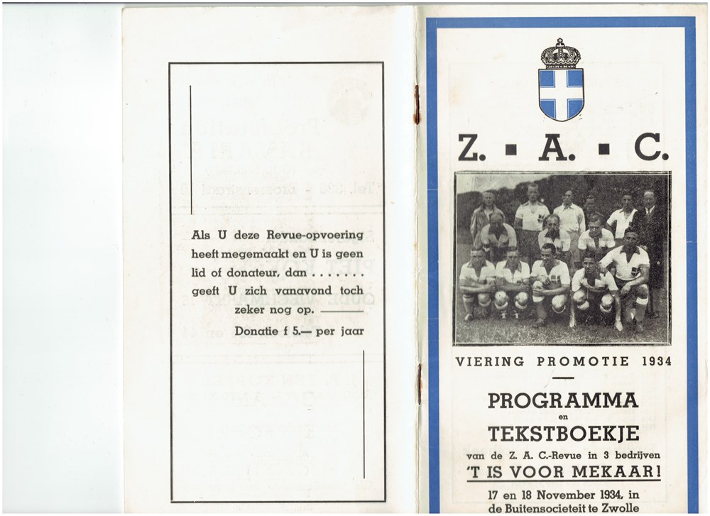 1934 Programmaboekje van de revue 't Is voor mekaar!' ter gelegenheid van de viering van de promotie