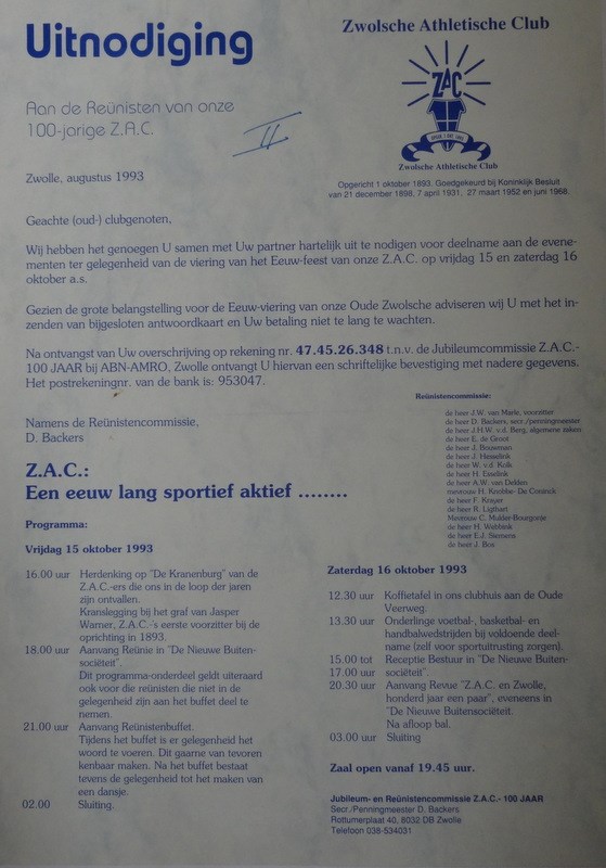 1993 Uitnodiging voor de reunie van 15 en 16 oktober