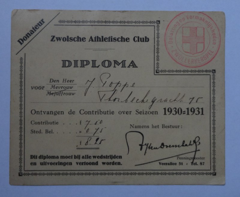 1929 Donateurskaart seizoen 1929-1930