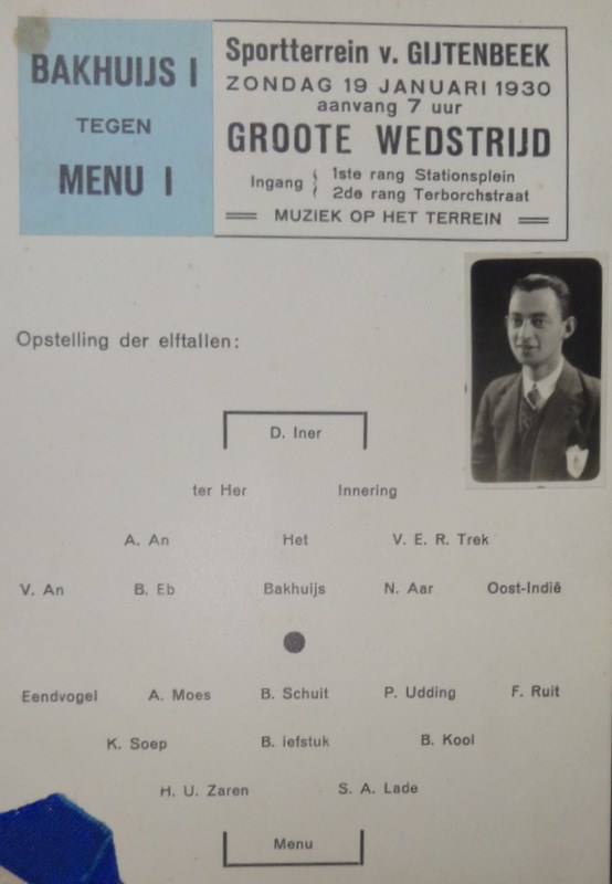 1930 Menukaart bij het vertrek van Beb Bakhuys naar Nederlands Oost-Indië. 