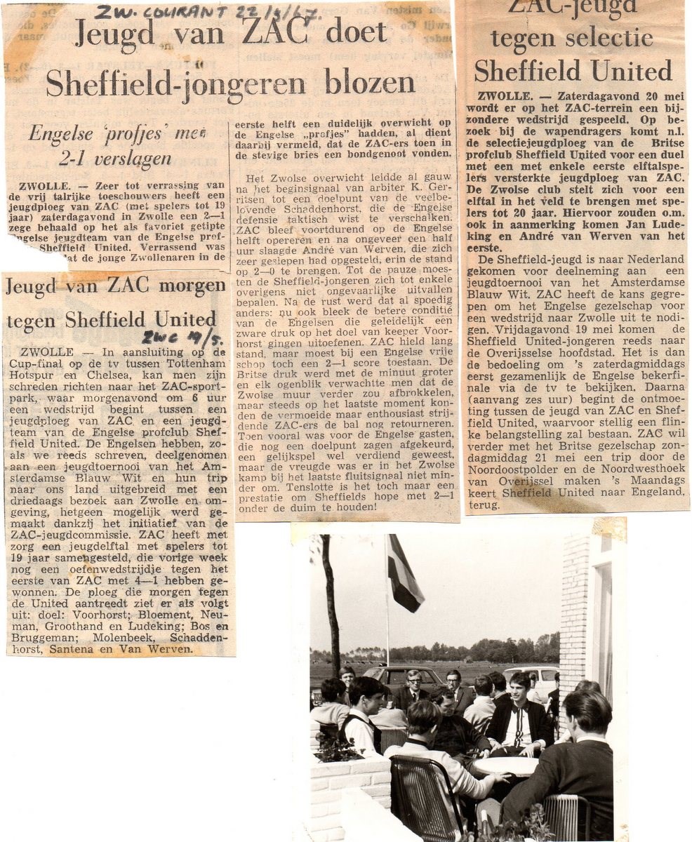 1967 Krantenartikel over de winst van Z.A.C. onder 20 jaar tegen de jeugdploeg van Sheffield United.