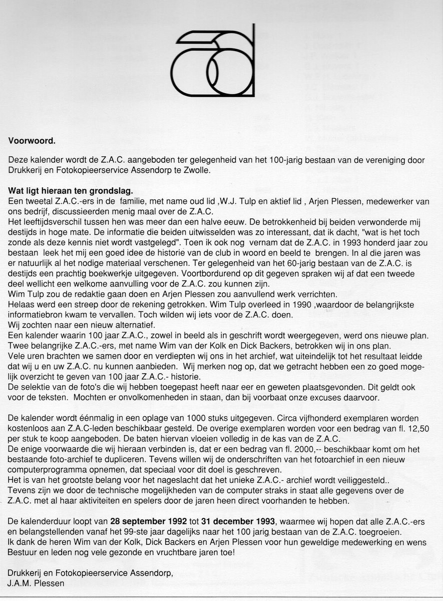 1993 Uitgave bijzondere kalender t.g.v. het eeuwfeest.