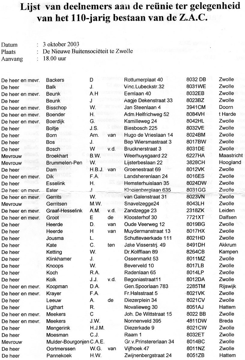 2003 Deelnemerslijst aan de reunie van 2003