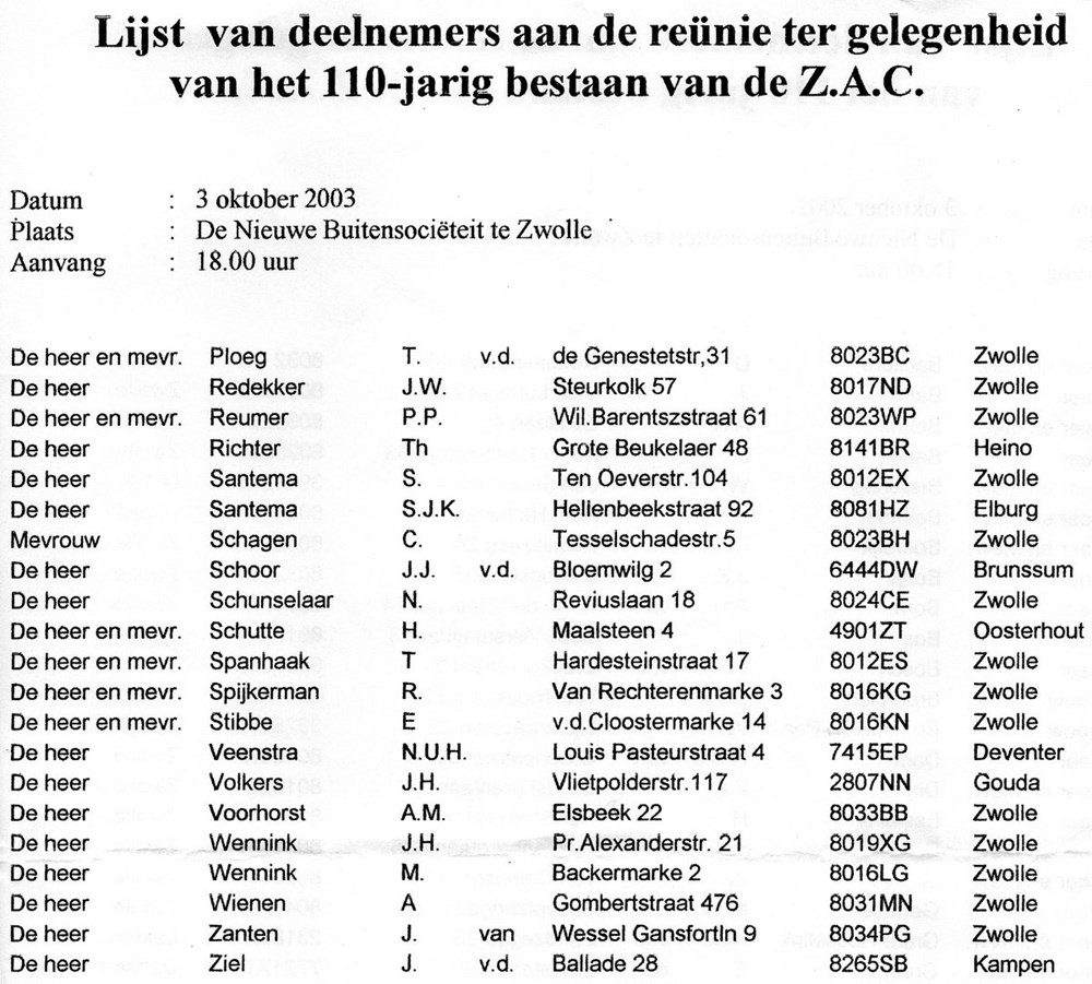 2003 Deelnemerslijst aan de reunie van 2003